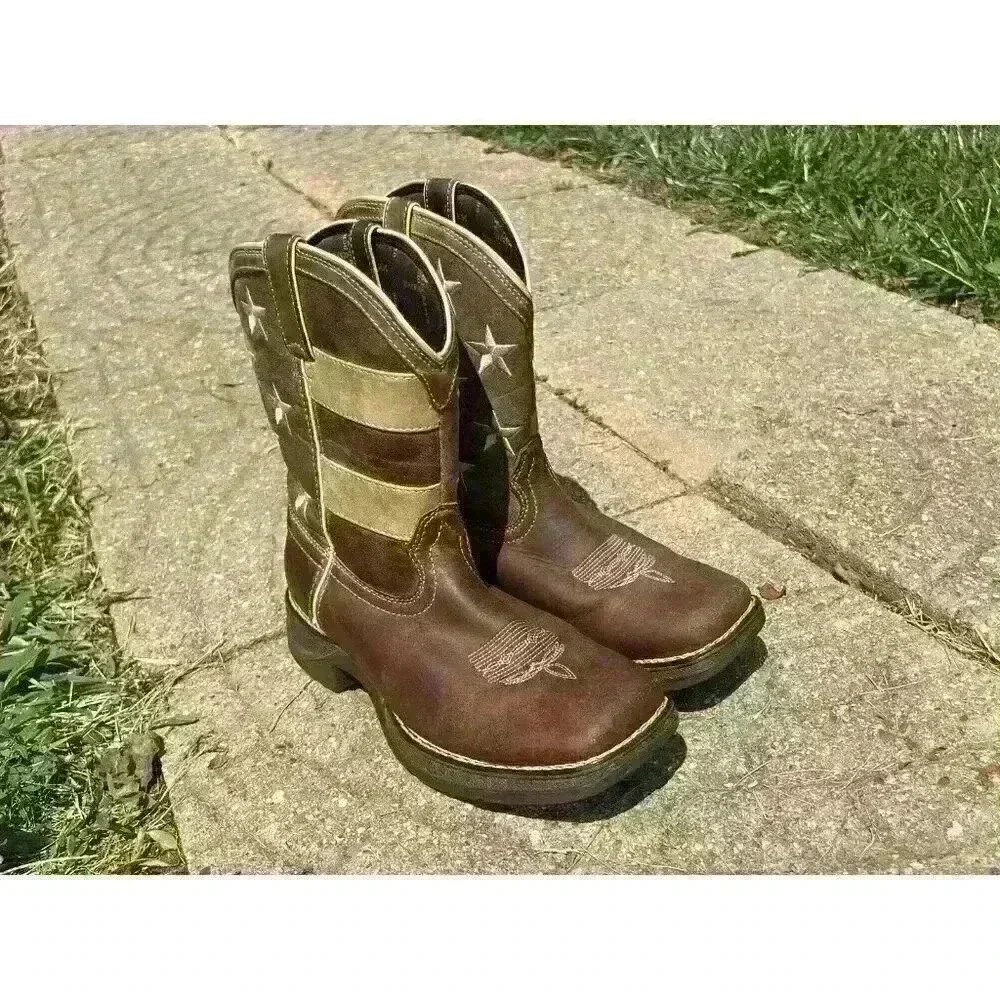 Durango Brown Union Flag Patriotic Western Boots Kids 8” Size US 6M